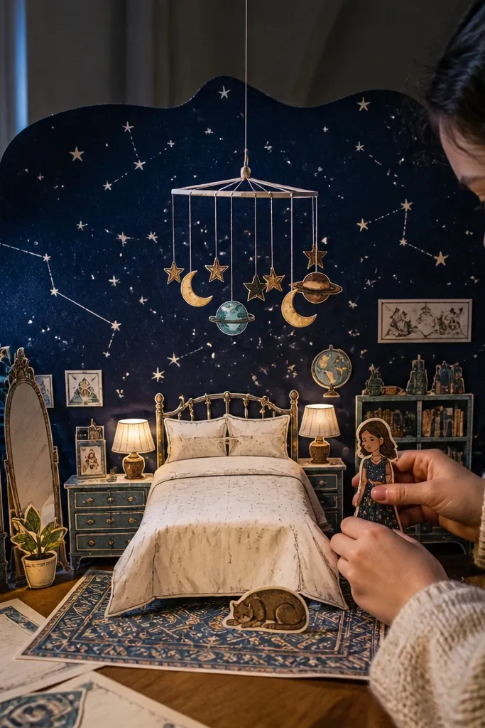 Dark night-sky bedroom with constellation wall art and a hanging mobile
