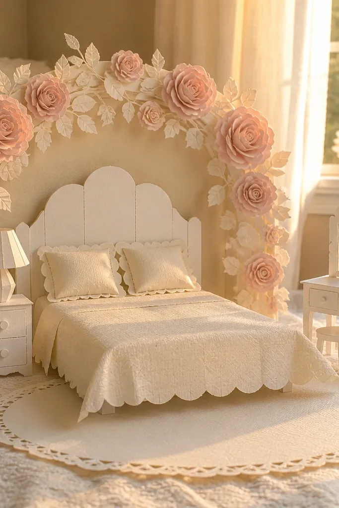 White cottage bedroom with a rose garland headboard and small matching decor