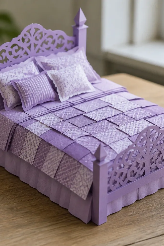 Lavender bedroom with layered quilt squares on the bed and soft matching pillows
