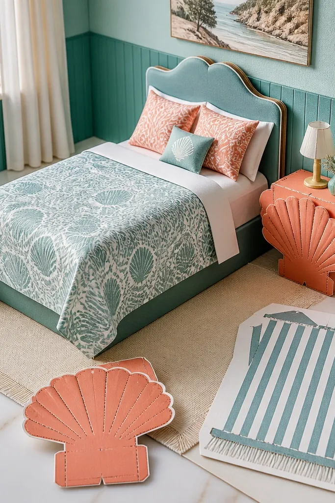 Teal and coral coastal bedroom with a shell nightstand and a striped throw
