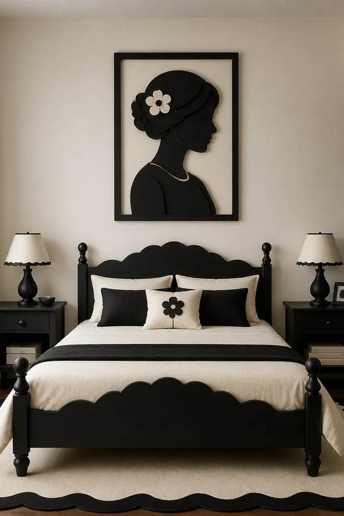 Black and cream bedroom with a simple bed and framed wall art