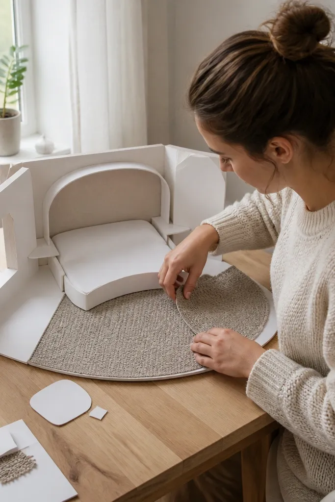 Scandi white bedroom with a curved bed frame and woven-looking floor mat
