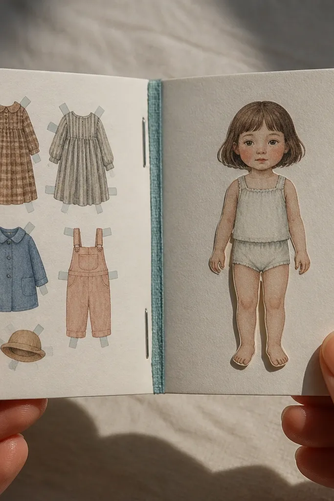 Small paper doll booklet with a stapled fold spine and a visible thread band