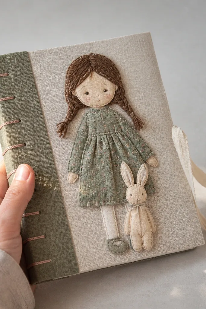 Paper doll book with thread stitching and a cloth strip wrapping the spine