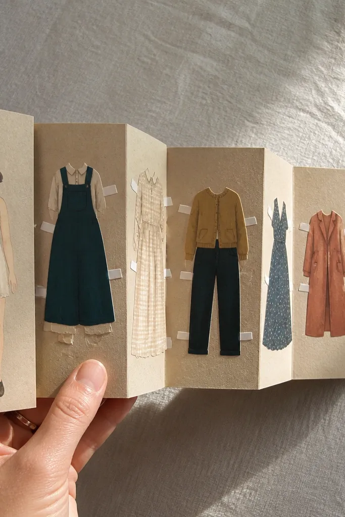 Accordion-fold paper doll book with outfits fanning out