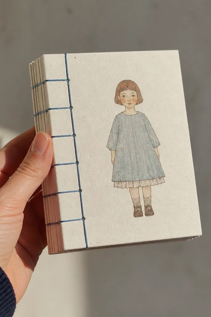 Mini paper doll book with visible ladder-like Coptic stitching on spine