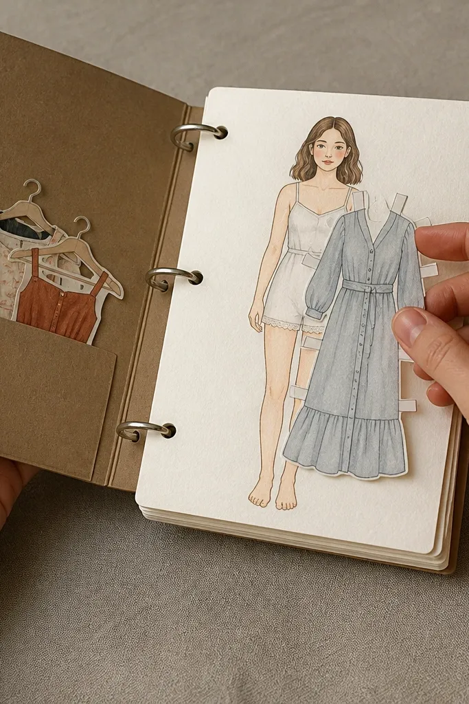Paper doll book pages clipped on rings with a label strip on the spine