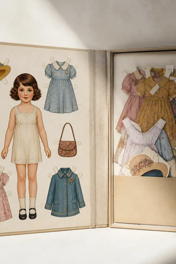Paper doll book with a cloth spine hinge and tidy tape binding