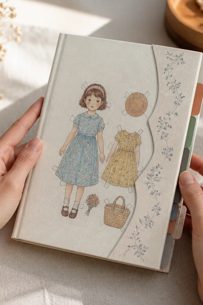 Paper doll book with a fold-over cover and visible page tabs at the edge