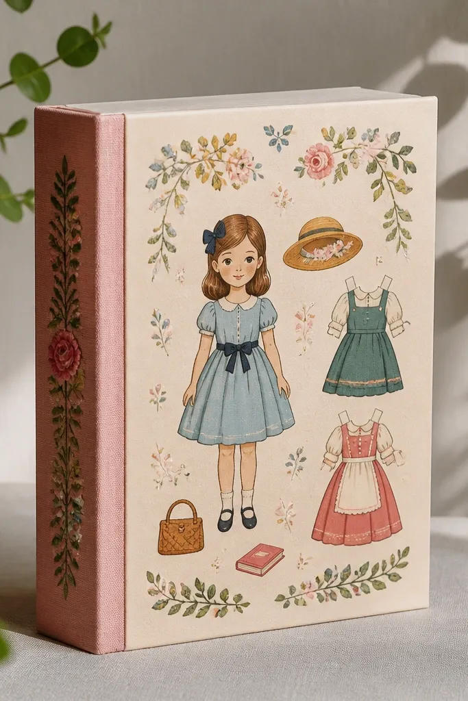 Paper doll book with a sturdy case cover and a straight spine label