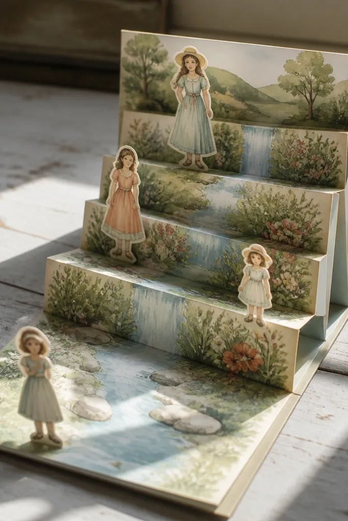 Paper doll book with waterfall-style angled page folds