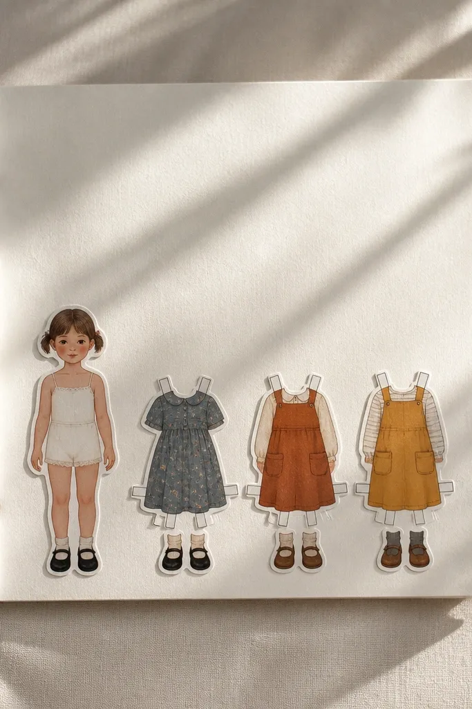 Wrap-bound paper doll book with a side tab and a clean front flap