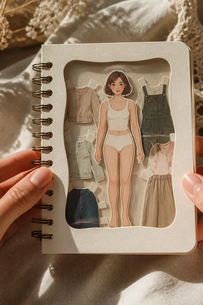 Spiral-bound paper doll mini book with a clear window-style cover layer