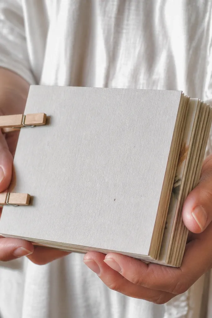Mini paper doll book held closed with small clothespins and a thick cover