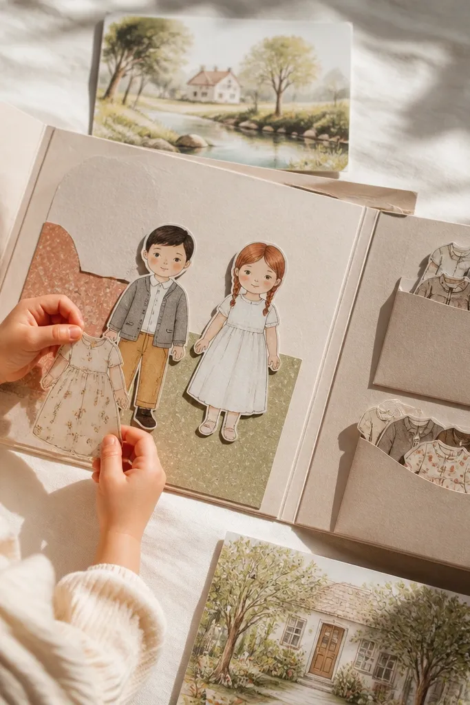 Paper doll book with envelope pockets and pull-out scenes