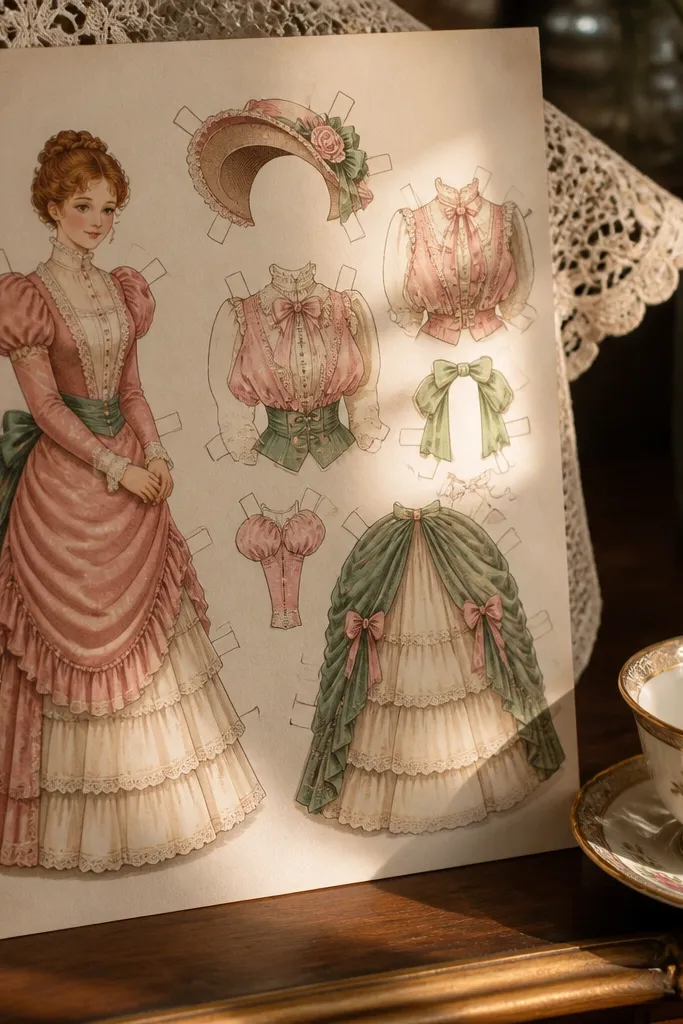 Paper doll in a lace tea dress with bonnet and layered skirt