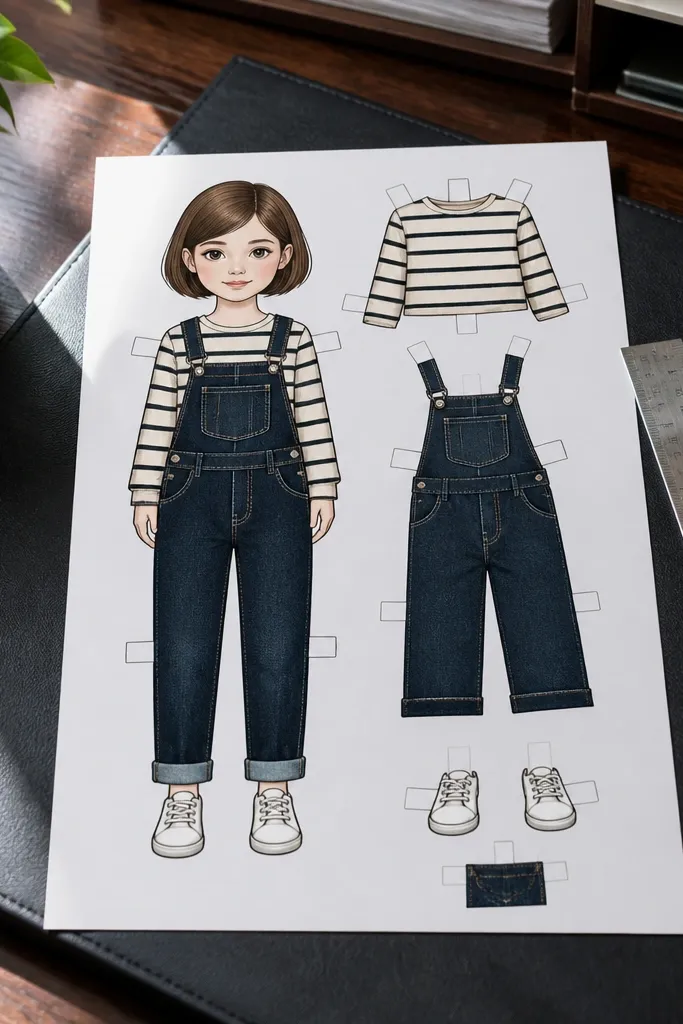 Paper doll wearing denim overalls over a striped shirt