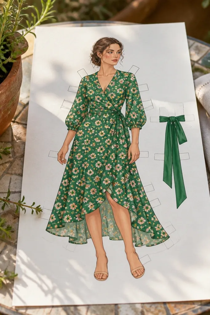Paper doll in a wrap dress with floral pattern and ribbon belt