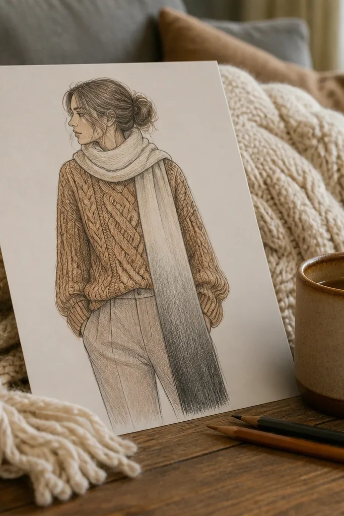 Paper doll in a cable-knit sweater with scarf and fitted pants
