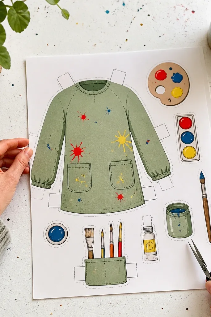 Paper doll in a paint smock with small paint palette details