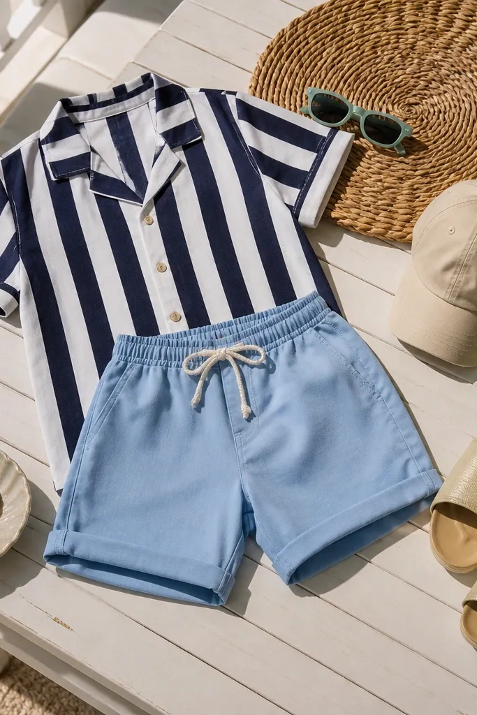 Paper doll in a striped beach shirt and shorts