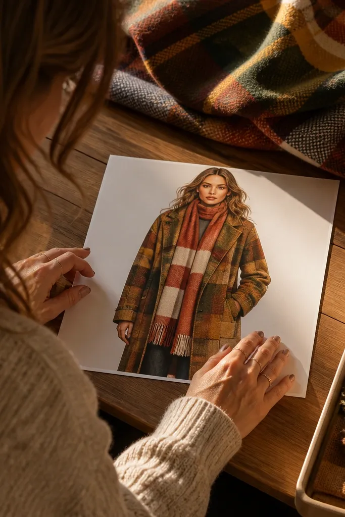 Paper doll in a plaid coat with an autumn scarf
