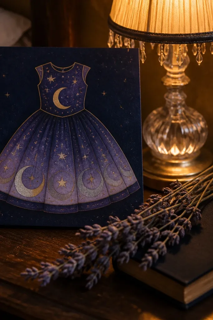 Paper doll in a moon-themed dress with star accents