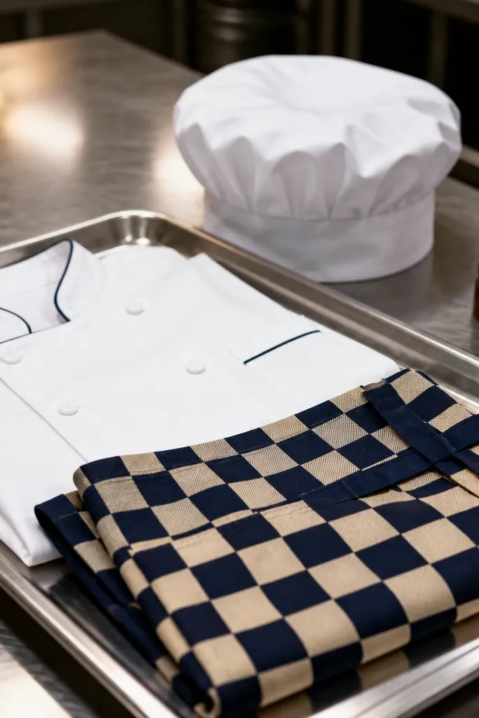 Paper doll in chef whites with a checkered apron
