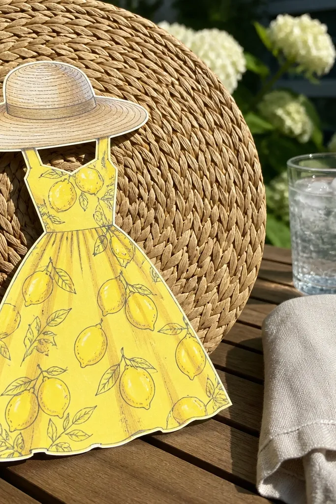 Paper doll in a lemon dress with a straw hat