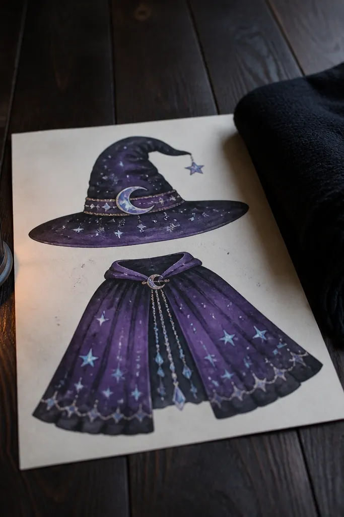 Paper doll with a pointed witch hat and starry cloak