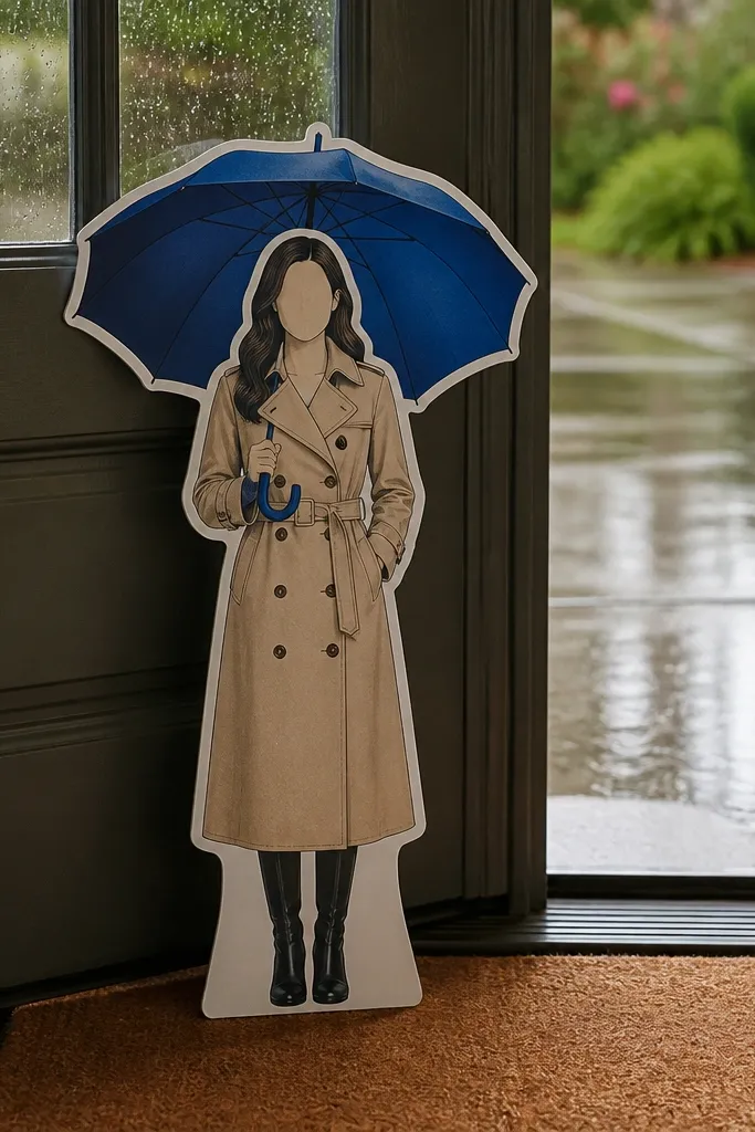 Paper doll in a trench coat holding an umbrella
