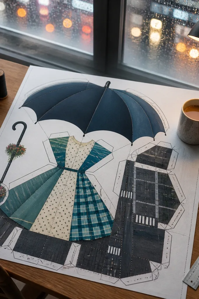 Paper doll under an umbrella with a small street map panel
