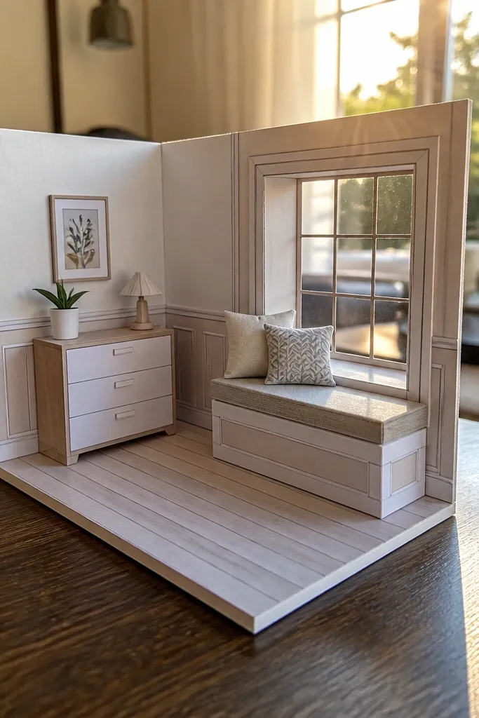 Paper doll house corner room with window seat and pale wood wall panels
