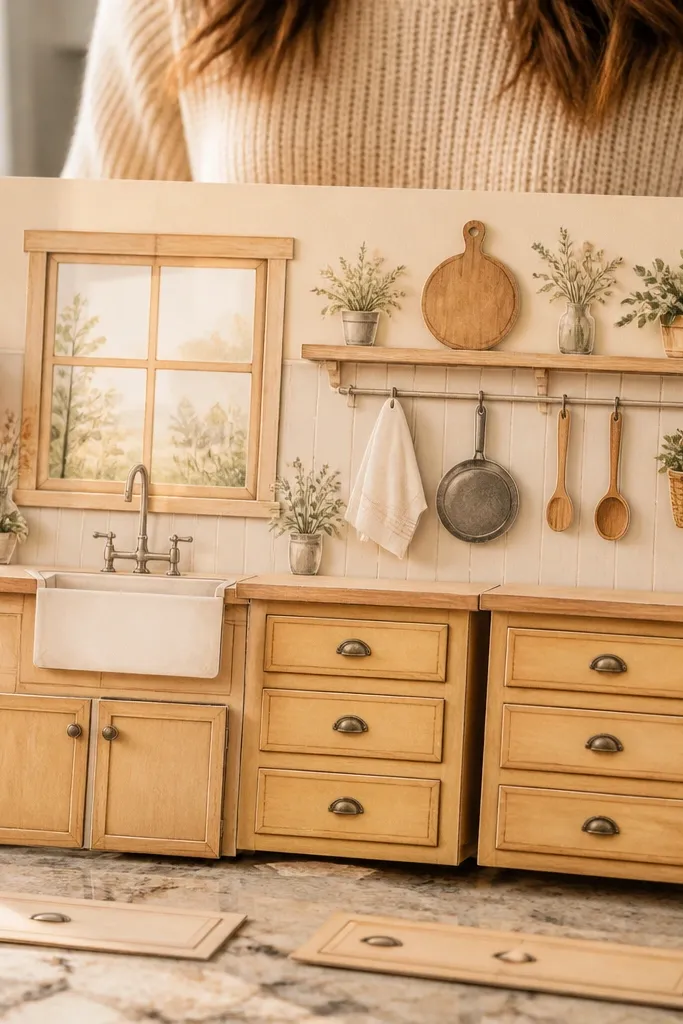 Cozy kitchen playroom dollhouse with drawer fronts and hanging hooks