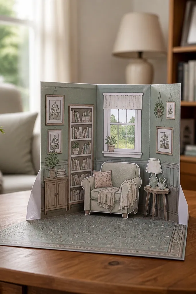 Paper doll house reading nook with tall bookshelf and small floor rug