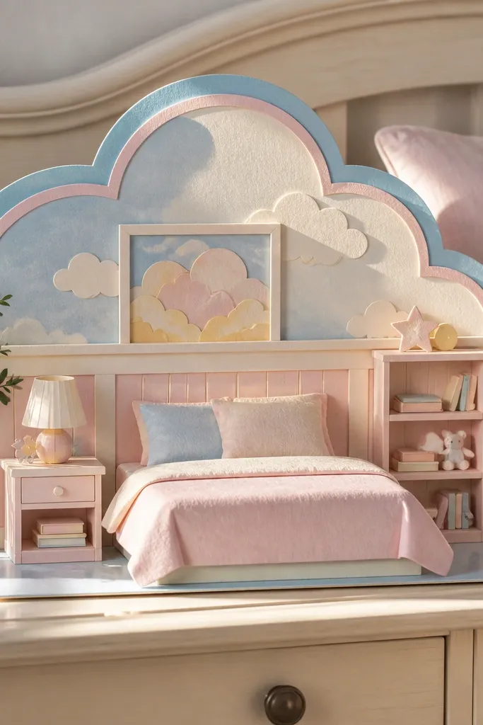 Paper doll house bedroom with pastel walls and a cloud-shaped wall panel