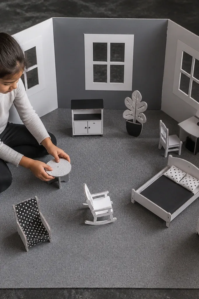 Paper doll house monochrome room with gray rug and black window frames
