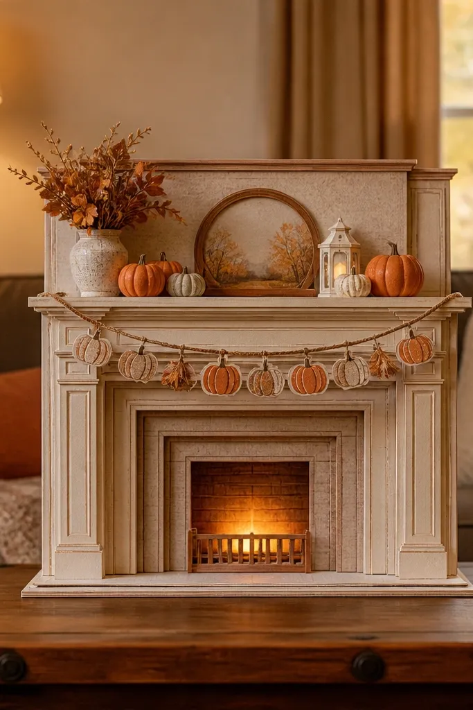 Paper doll house autumn room with mantel and pumpkin garland above a fireplace