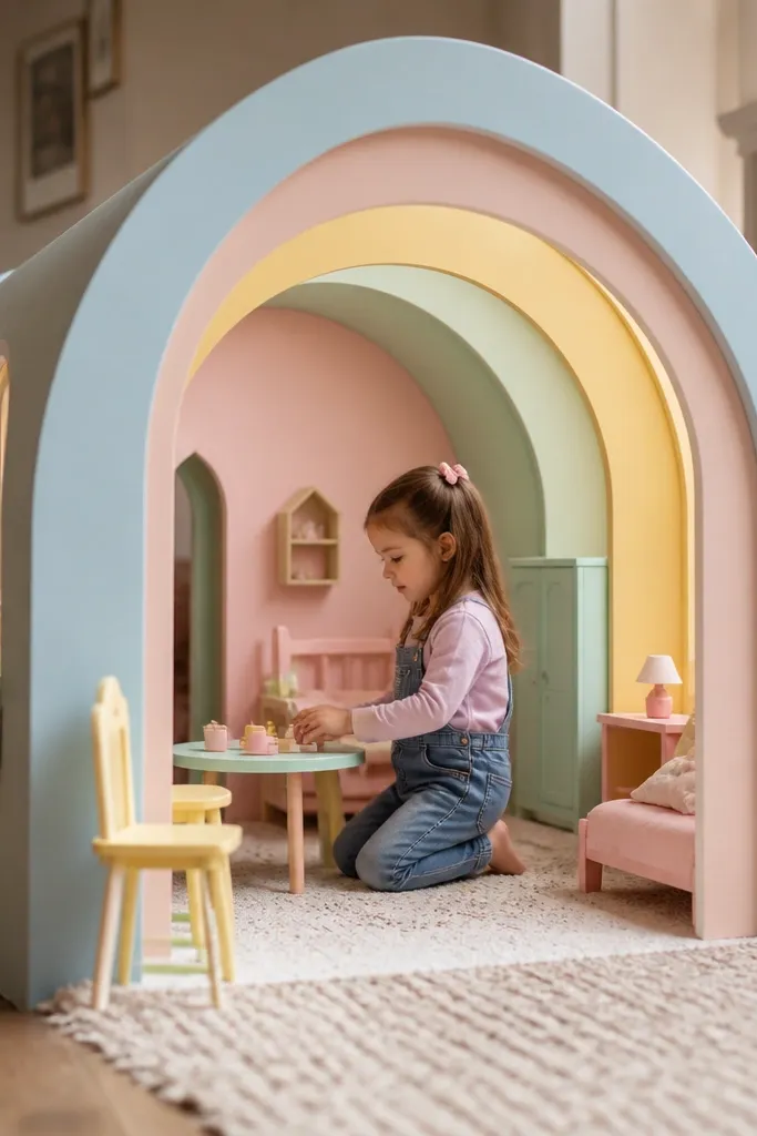 Paper doll house playroom with arched door frames and soft color walls