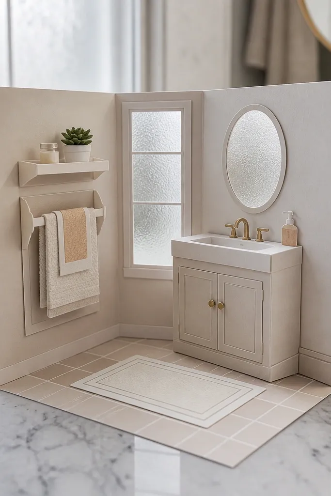 Paper doll house bathroom with towel rack and bubbly window panel