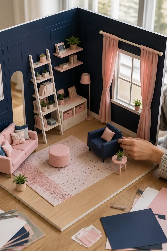 Paper doll house playroom with navy walls, ladder shelf, and blush curtains