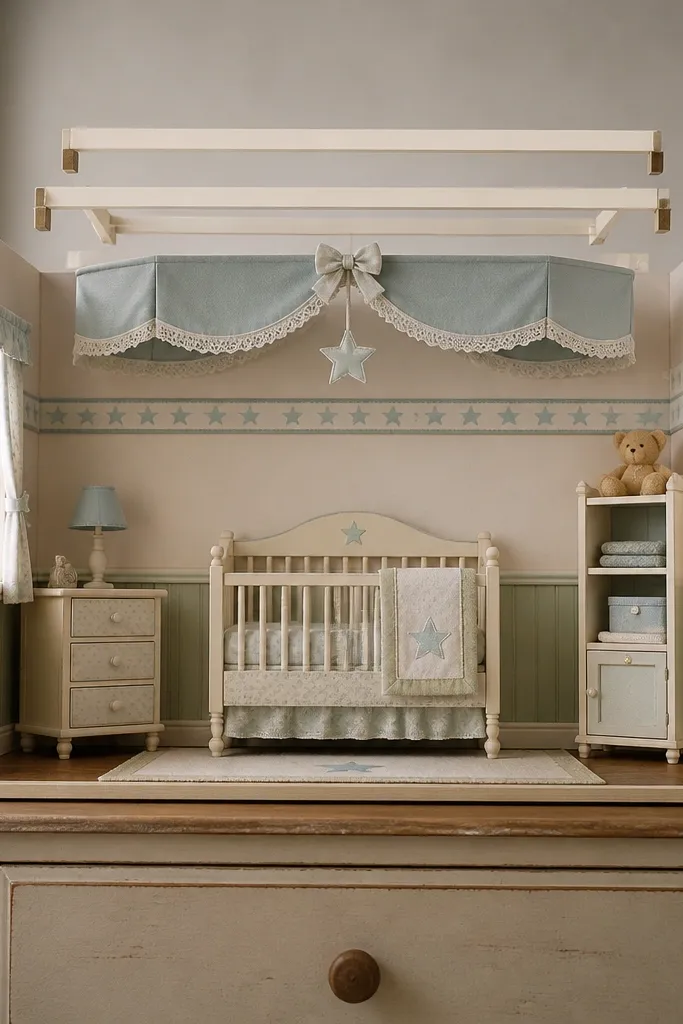 Paper doll house nursery with star border wallpaper and canopy mobile