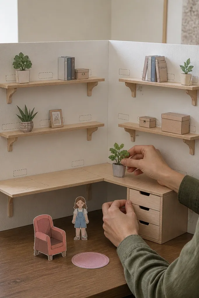 Paper doll house corner desk with floating shelves and tiny desk accessories