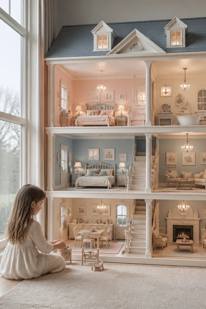 Paper doll house with double-height window wall and pastel trim
