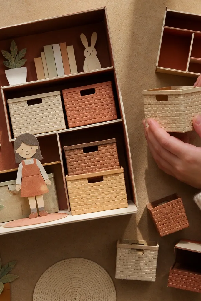 Paper doll house earth-tone playroom with woven basket storage units