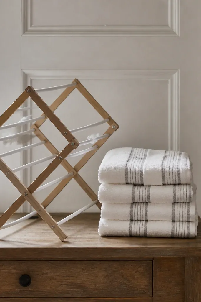 Paper doll house laundry nook with towel stack and drying rack