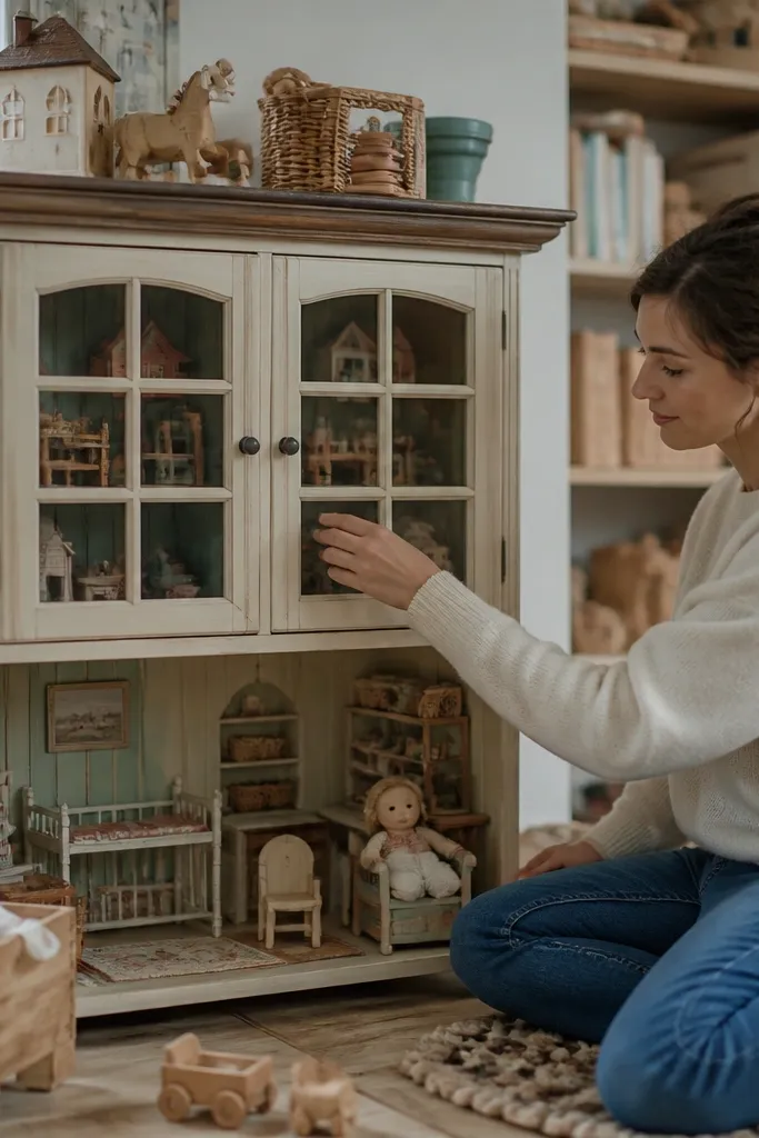 Paper doll house toy room with a cabinet hutch and small windowed doors