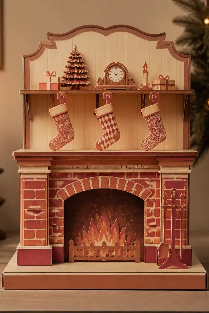 Paper doll house fireplace with hearth and small stocking shelf
