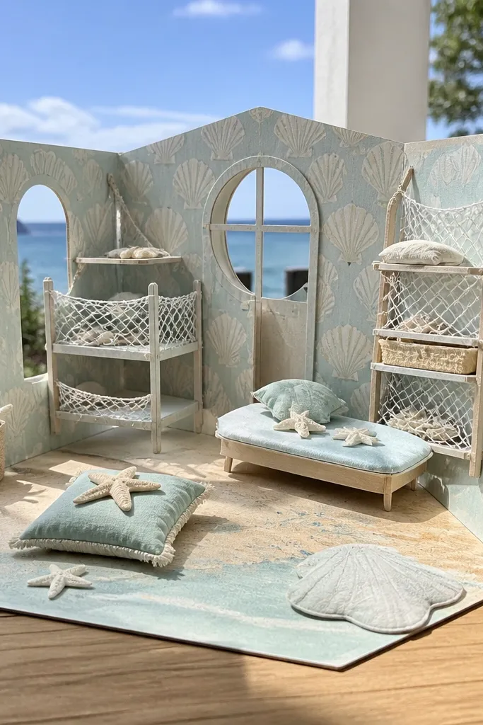 Paper doll house seaside playroom with shell wall panel and net storage