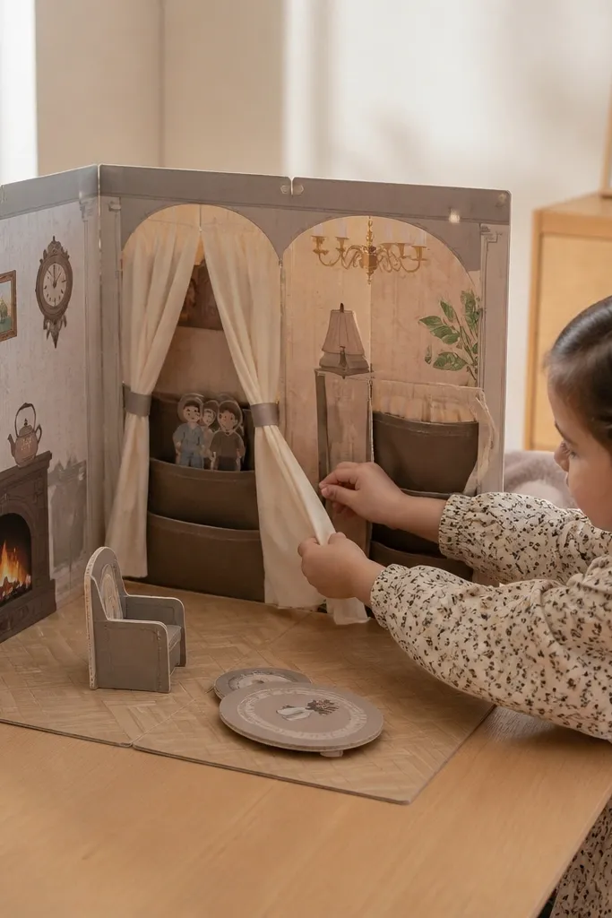 Paper doll house with fold-out curtains and hidden storage slots on walls